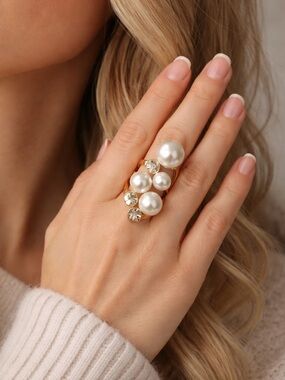 Gold Tone Faux Pearl & Rhinestone Statement Ring Size 7 Bold Cocktail